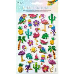 FOLIA 3D-Sticker Tropical (Kaktus, Blumen, Sonne, Papagei, Flamingo, 28 Stück)