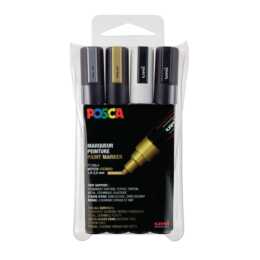 UNI Marcatore acquerello Posca (Oro, Nero, Bianco, Argento, 4 pezzo)