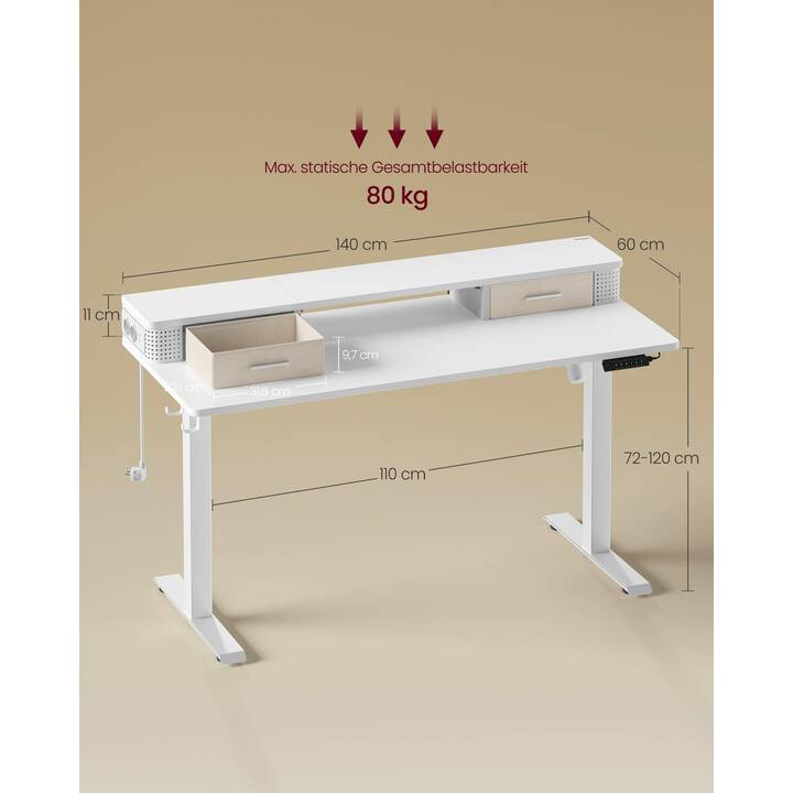 SONGMICS tavolo per computer (1400 mm x 600 mm, Beige, Grigio, Bianco)