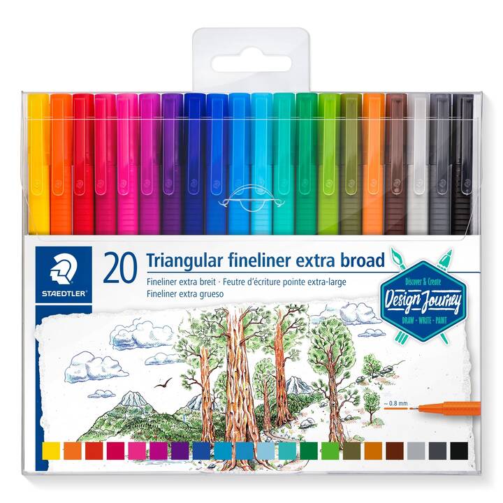 STAEDTLER Triangular extra Fineliner (Braun, Gelb, Blau, Violett, Magenta, Orange, Grün, Schwarz, Rot, 20 Stück)