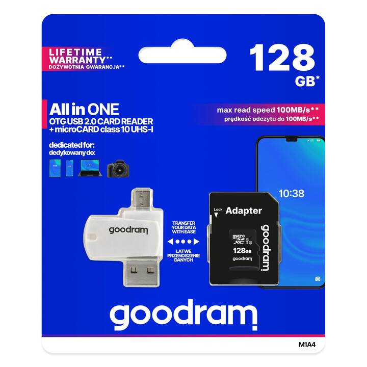 GOODRAM MicroSDXC M1A4 All in One (UHS-I Class 1, Class 10, 128 Go, 100 Mo/s)
