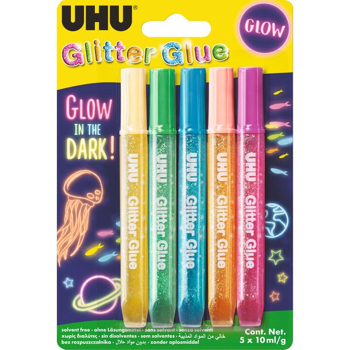 UHU Colle de bricolage Glitter Glow In The Dark (10 ml, 5 pièce)