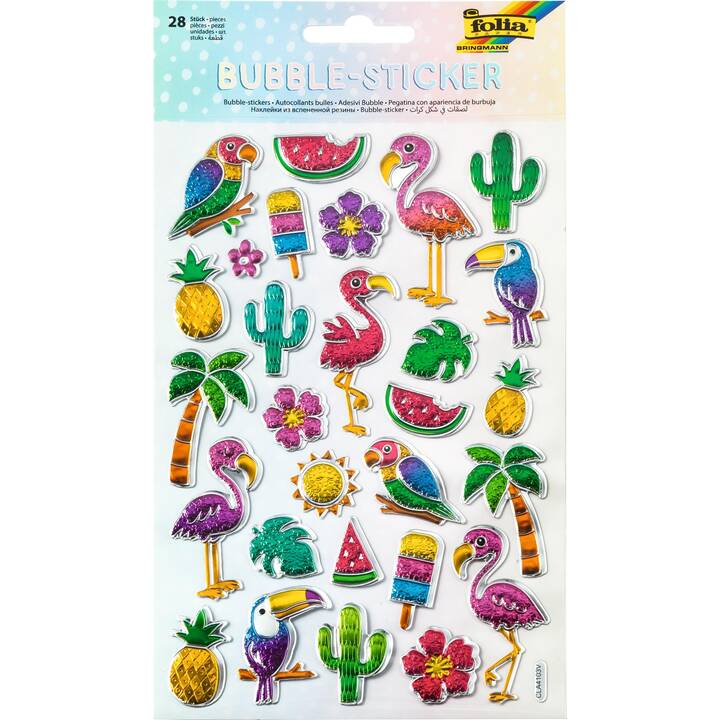 FOLIA 3D-Sticker Tropical (Kaktus, Blumen, Sonne, Papagei, Flamingo, 28 Stück)