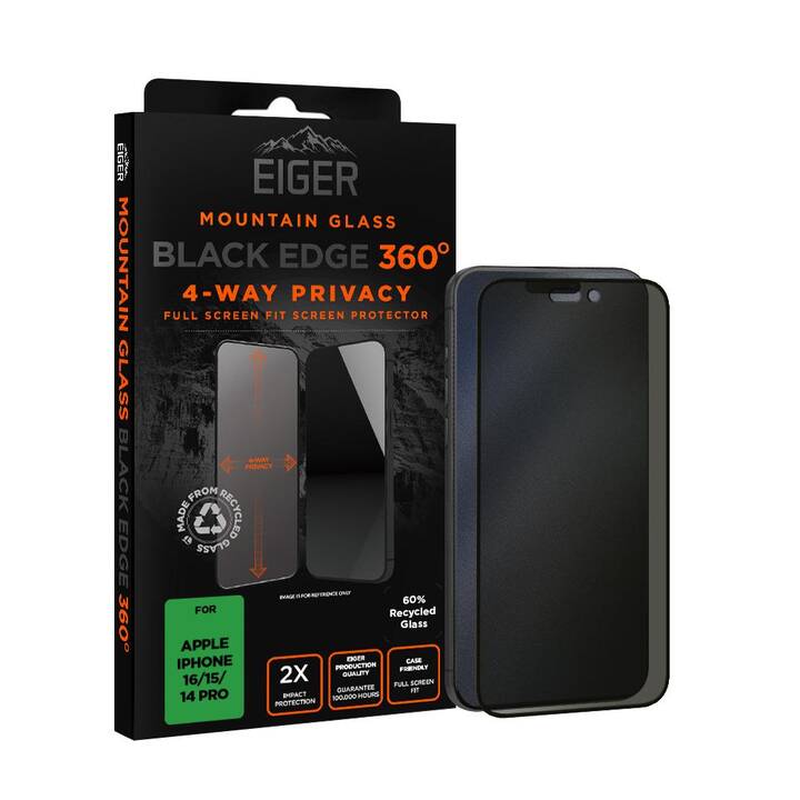 EIGER Verre de protection d'écran Black Edge 360° (iPhone 15, iPhone 16, iPhone 14 Pro, 1 pièce)