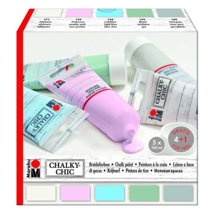MARABU Kreidefarbe Chalky-Chic Set (5 x 100 ml, Grau, Hellblau, Grün, Blau, Weiss, Rosa, Mehrfarbig)
