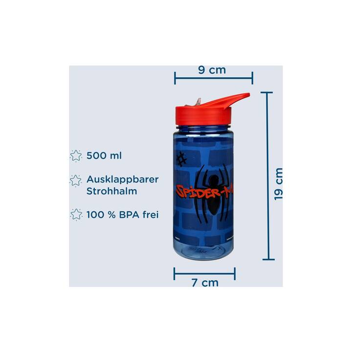 SCOOLI Bottiglia per bambini Aero Spider-Man (0.5 l, Blu scuro, Rosso)