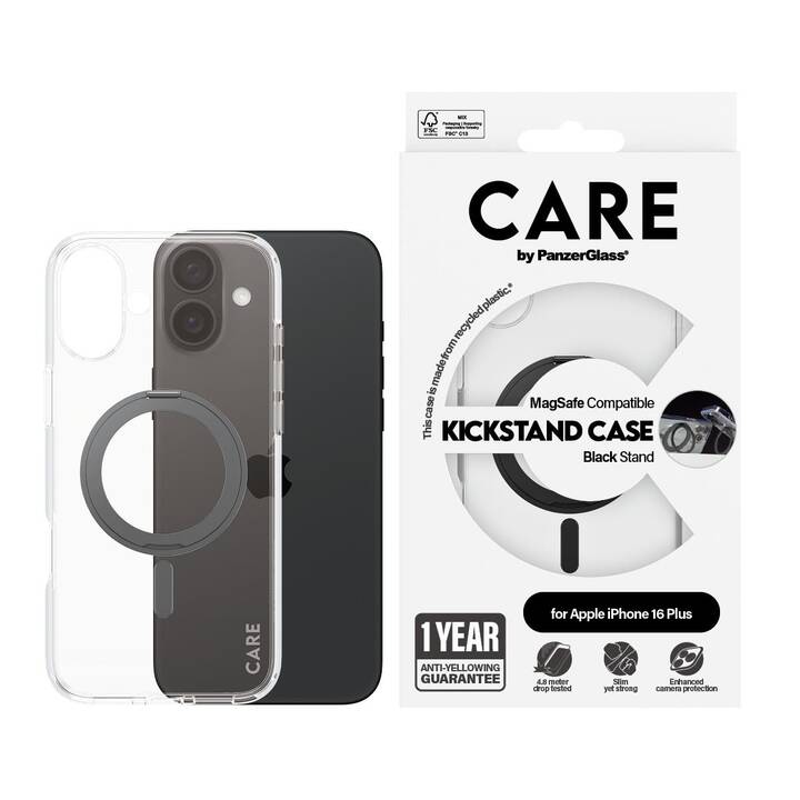 CARE Standing Cover MagSafe Feature Kickstand (iPhone 16 Plus, Ohne Motiv, Transparent)