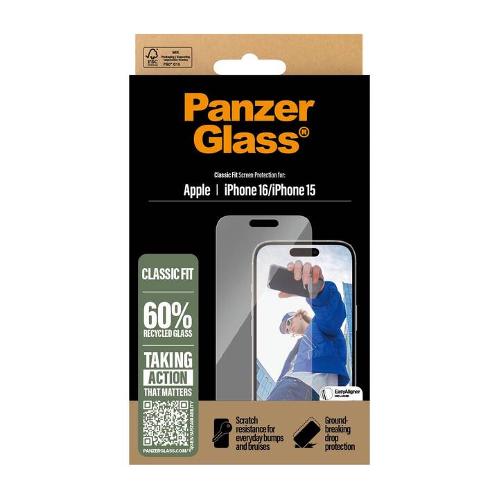 PANZERGLASS Displayschutzfolie Classic Fit (iPhone 15, iPhone 16, 1 Stück)