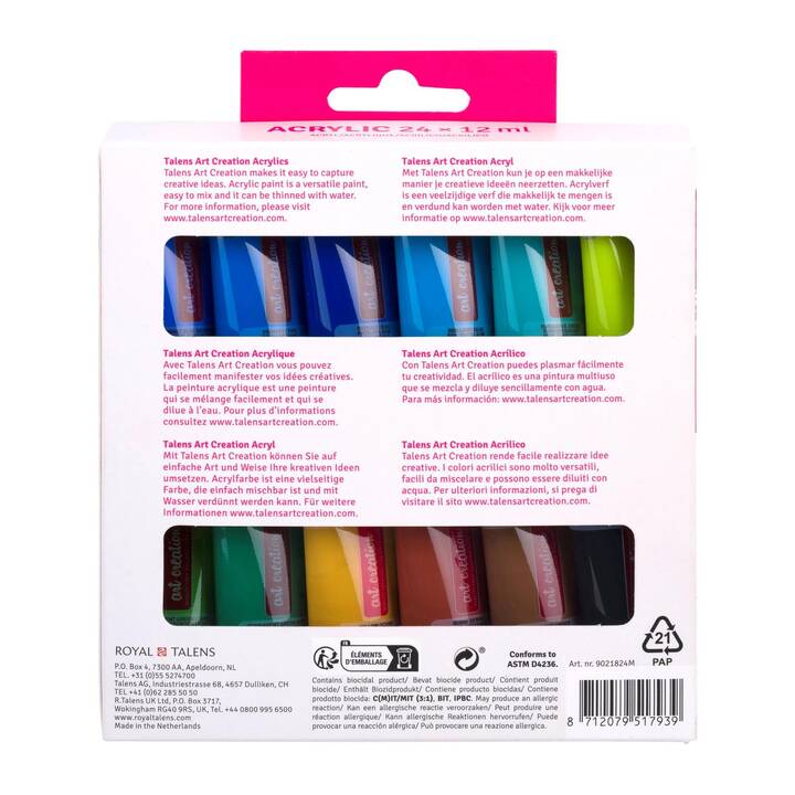 TALENS Couleur acrylique Set (24 x 12 ml, Pink, Blanc, Multicolore)