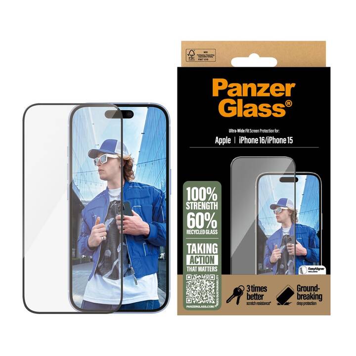 PANZERGLASS Displayschutzglas Ultra-Wide Fit (iPhone 15, iPhone 16, 1 Stück)