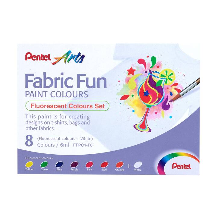 PENTEL Colore tessile Set (8 x 6 ml, Viola, Giallo, Arancione, Verde, Blu, Pink, Bianco, Multicolore)
