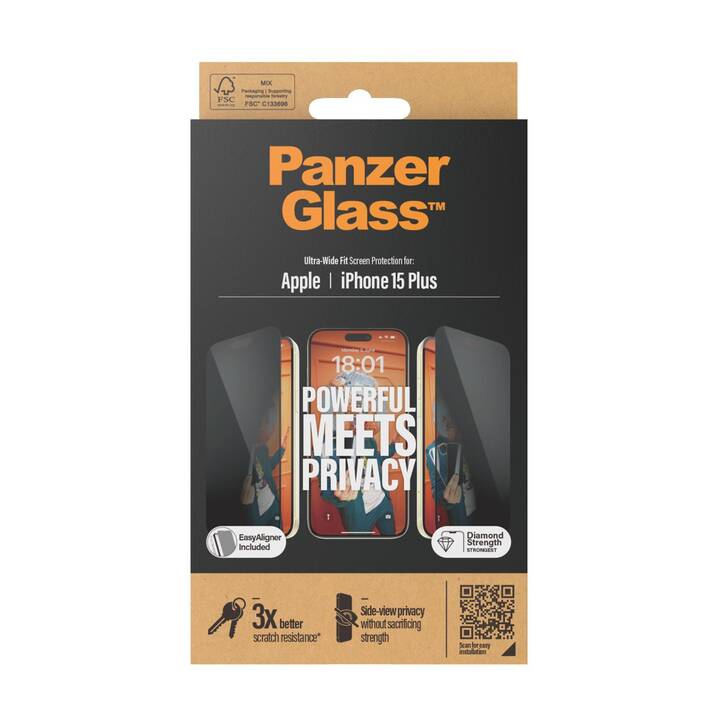 PANZERGLASS Verre de protection d'écran Ultra Wide Fit Privacy (iPhone 15 Plus, 1 pièce)