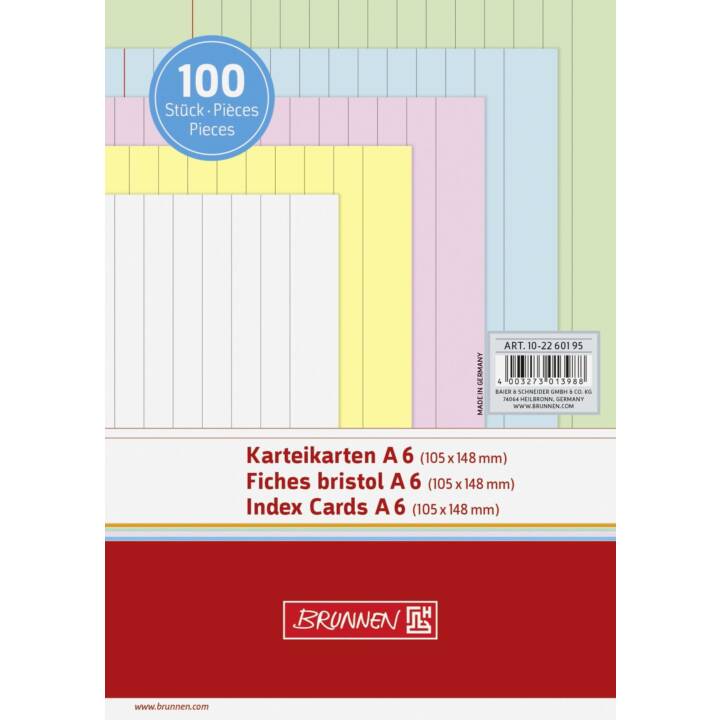 BRUNNEN Karteikarten (A6, Grün, Rot, Blau, Weiss, Gelb, Liniert, 100 Stück)