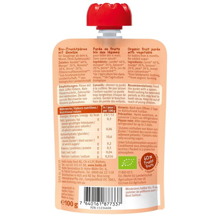 HOLLE Carrot Cat Purea di frutta Sacchetto per la spremitura (100 g)