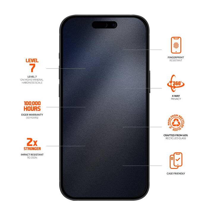 EIGER Vetro protettivo da schermo Black Edge 360° (iPhone 15, iPhone 16, iPhone 14 Pro, 1 pezzo)