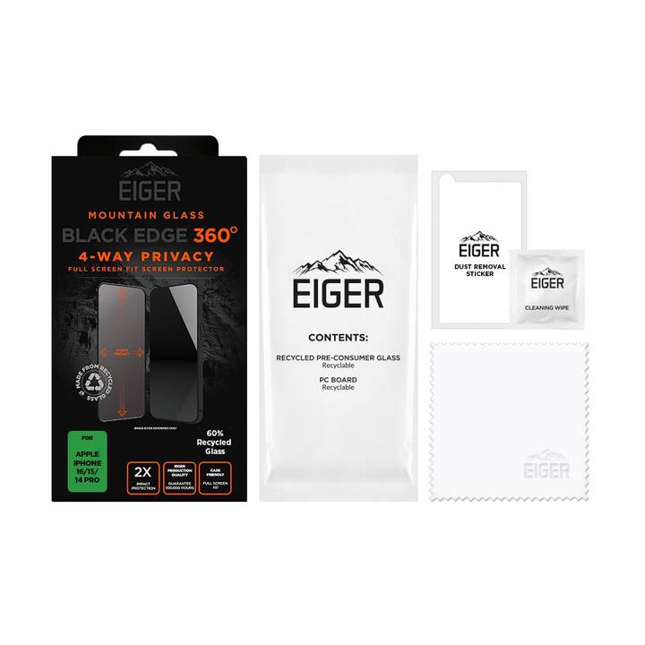 EIGER Vetro protettivo da schermo Black Edge 360° (iPhone 15, iPhone 16, iPhone 14 Pro, 1 pezzo)