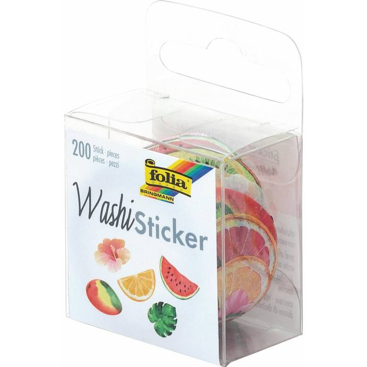 FOLIA Stickerrolle Tropical 200 Sticker (Gelb, Orange, Rot, Pink, Mehrfarbig, 200 Stück)