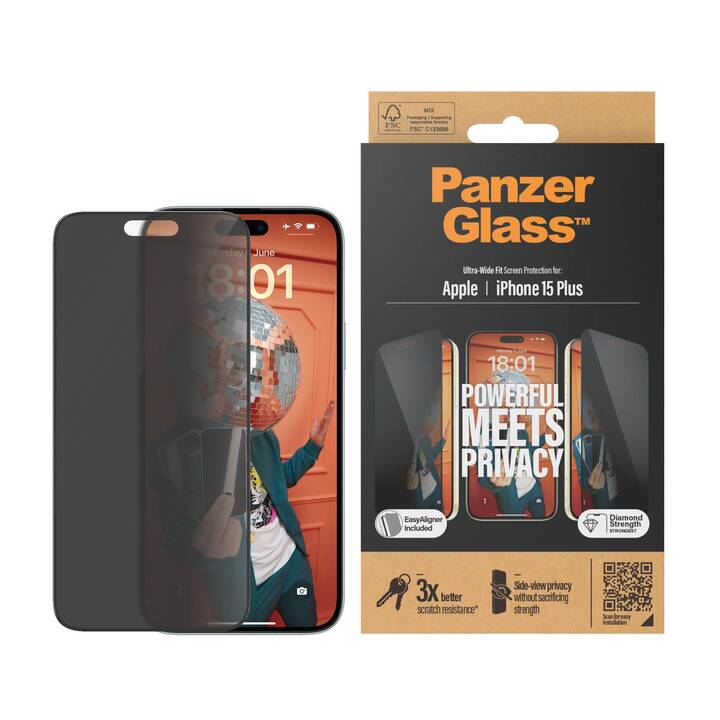 PANZERGLASS Displayschutzglas Ultra Wide Fit Privacy (iPhone 15 Plus, 1 Stück)