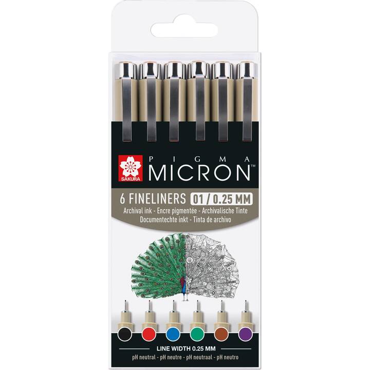 SAKURA Pigma Micron 01 Penna a fibra (Marrone, Nero, Porpora, Blu, Rosso, Verde, 6 pezzo)