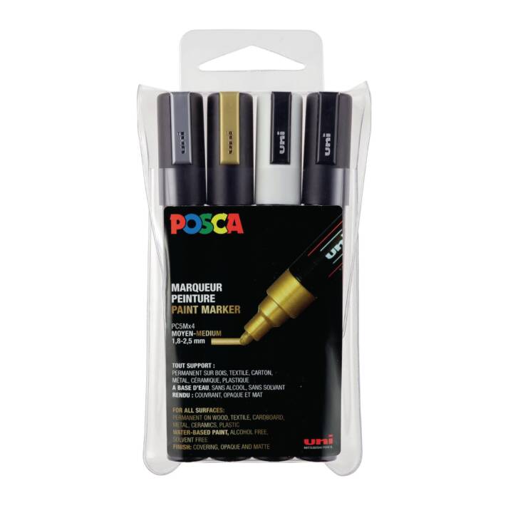 UNI Marcatore acquerello Posca (Oro, Nero, Bianco, Argento, 4 pezzo)