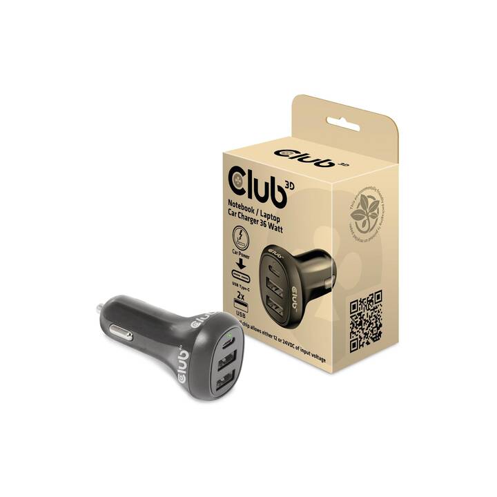 CLUB 3D Chargeur auto CAC-1921 (36 W, Allume-cigare, USB de type C, USB de type A)