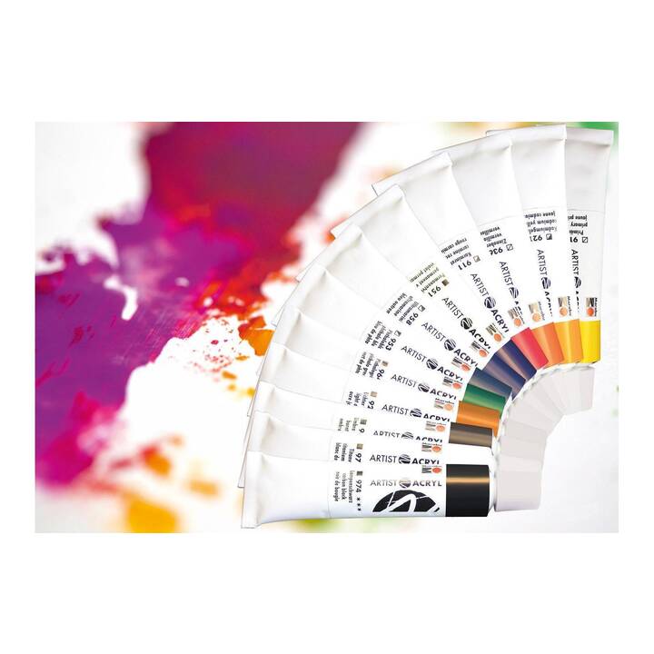 MARABU Colore acrilica Artist Acryl Set (12 x 12 ml, Viola, Marrone, Rame, Blu scuro, Blu, Bianco, Giallo, Verde chiaro, Arancione, Nero, Oro, Verde, Rosso)