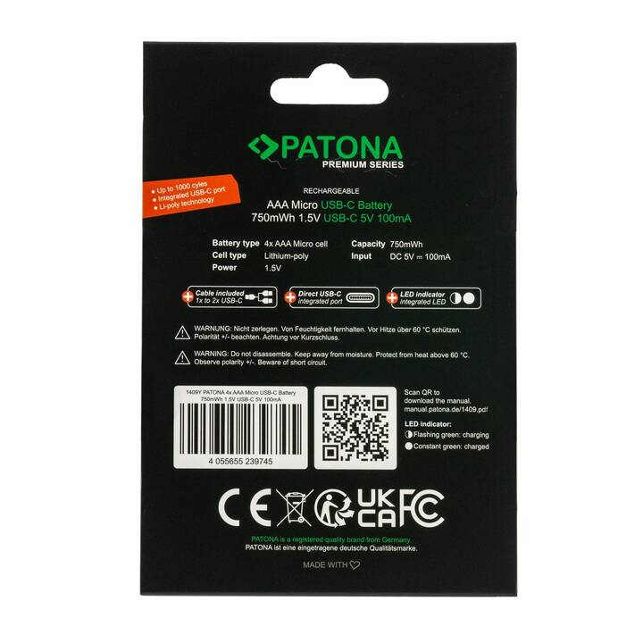 PATONA Universel Premium Batterie et chargeur (100 mAh)