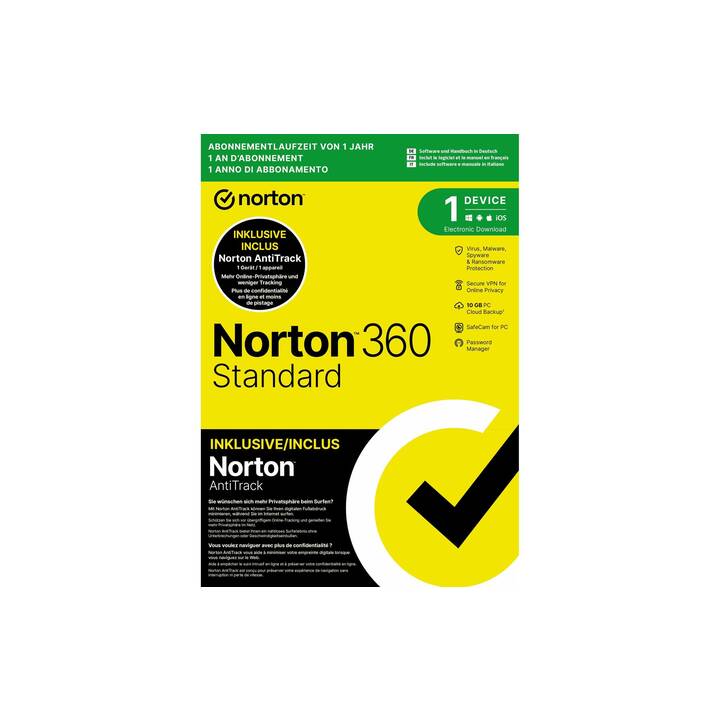 NORTON 360 Standard + AntiTrack Bundle (Licence annuelle, 1x, 12 Mois, Italien, Allemand, Français)