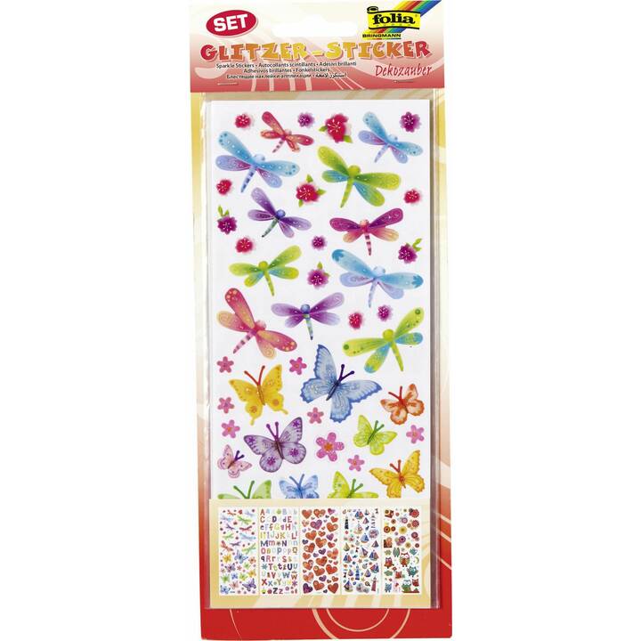 FOLIA Sticker Dekozauber Glitzer 5 Blatt (Blumen, Schmetterling, Libelle)