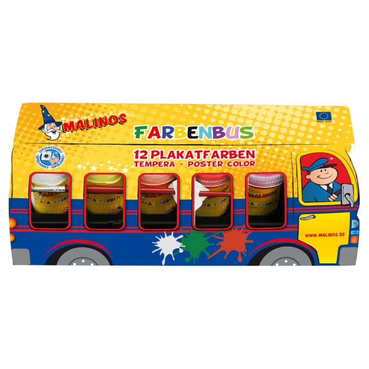 MALINOS Temperafarbe Bus Set (12 x 25 ml, Violett, Braun, Blau, Türkis, Weiss, Rosa, Mehrfarbig, Gelb, Orange, Hellblau, Schwarz, Grün, Rot, Pink)
