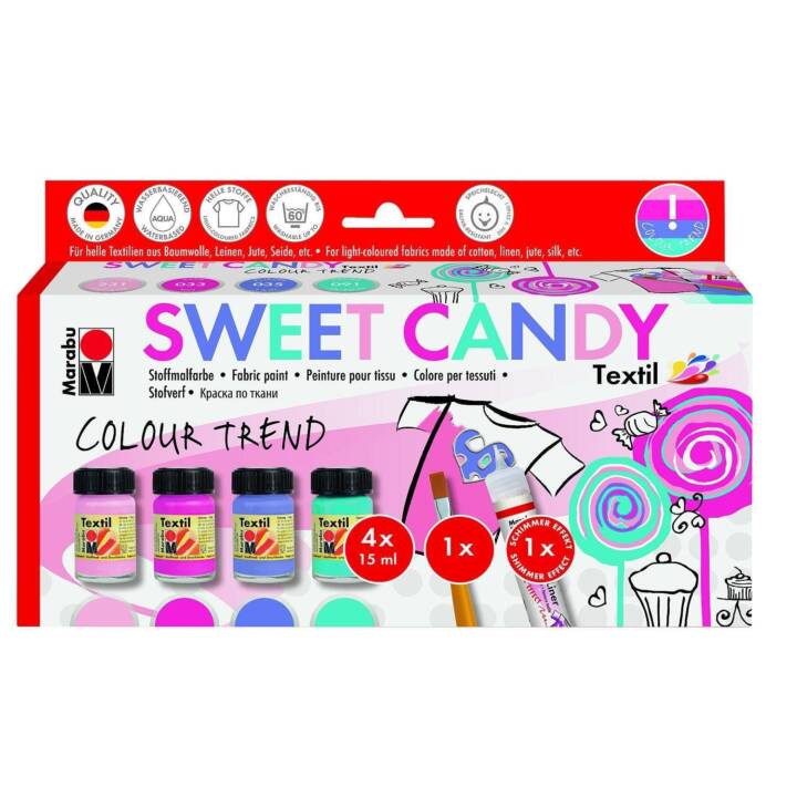 MARABU Colore tessile Sweet Candy Set (4 x 15 ml, Viola, Porpora, Turchese, Rosa, Multicolore)