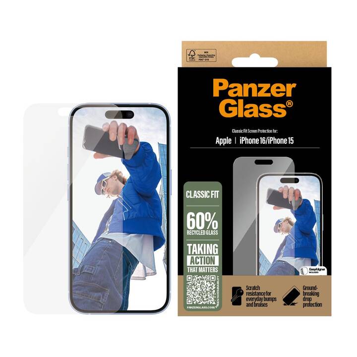 PANZERGLASS Displayschutzfolie Classic Fit (iPhone 15, iPhone 16, 1 Stück)