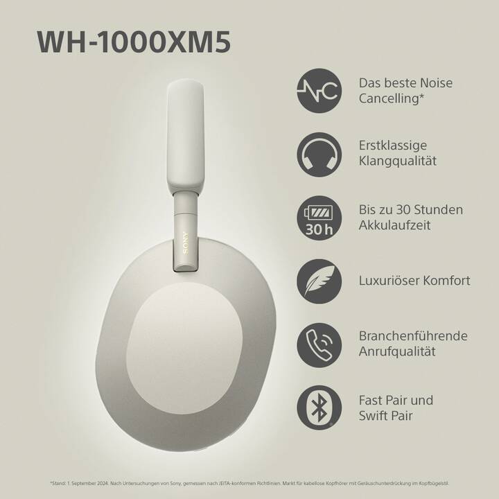 SONY WH-1000XM5 (ANC, Bluetooth 5.2, Silber)