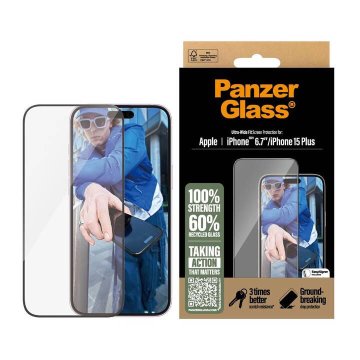 PANZERGLASS Vetro protettivo da schermo Ultra Wide Fit (iPhone 15 Plus, iPhone 16 Plus, 1 pezzo)