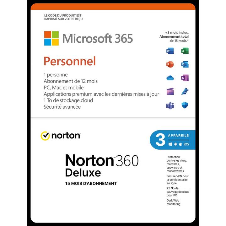 MICROSOFT Microsoft & Norton Bundle 365 Personnel (Licence annuelle, 3x, 15 Mois, Français)
