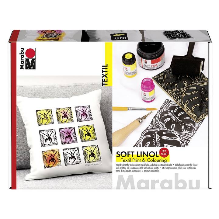 MARABU Colore tessile Soft Linol Print & Colouring Set Set (3 x 100 ml, Multicolore)