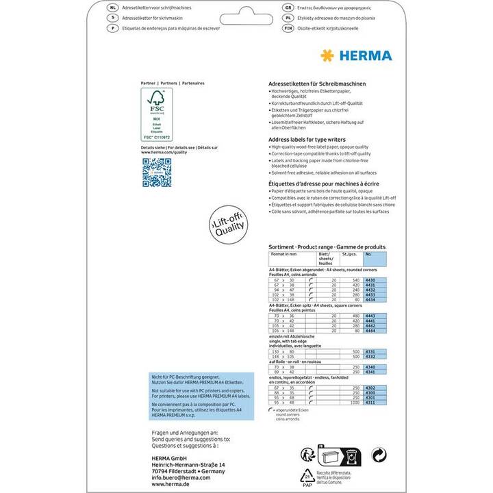 HERMA Foglie etichette per stampante (67 x 38 mm)