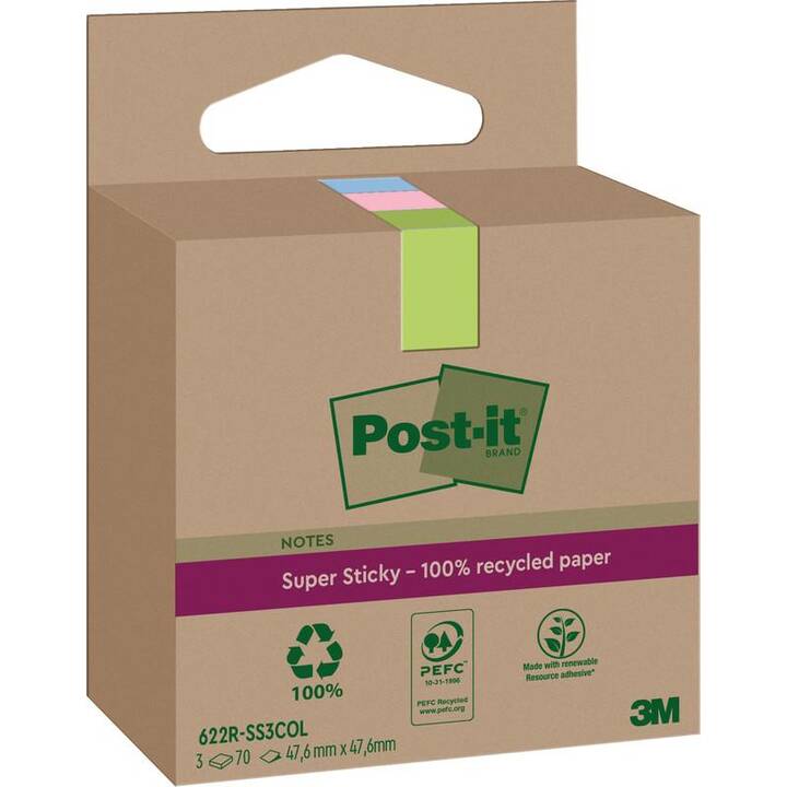 POST-IT Notes autocollantes Super Sticky 622 (3 x 70 feuille, Rose, Vert, Bleu)