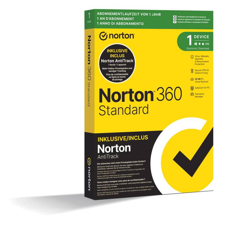 NORTON 360 Standard + AntiTrack Bundle (Licenza annuale, 1x, 12 Mesi, Italiano, Tedesco, Francese)